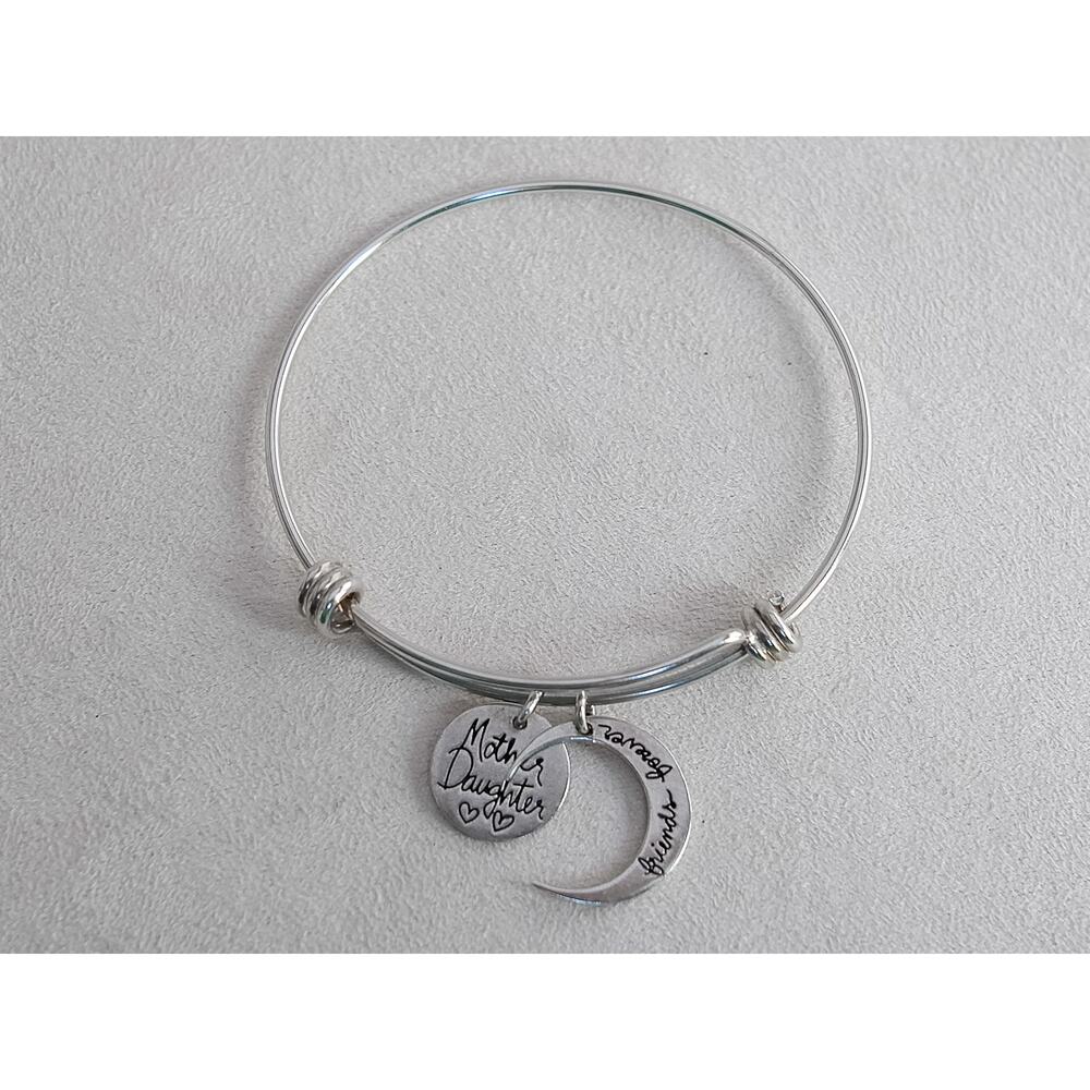 LA Rocks Sterling Silver 925 Charm Bangle Mother Daughter Crescent Moon Slider